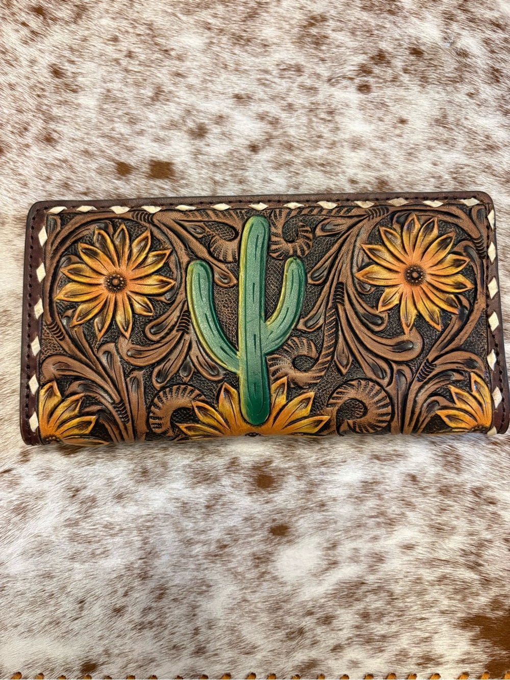 Ohlay Hand-Tooled Leather Western Cactus Wallet in Brown and Green